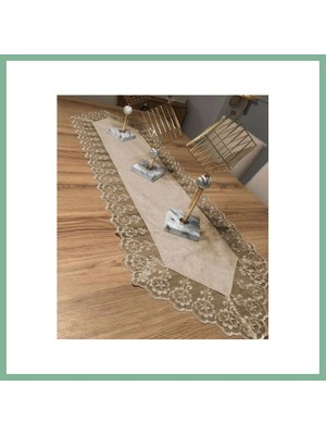 Bşk Virgo Kadife Dantel Detaylı Krem Runner (140X40CM) Kahve BSK2026