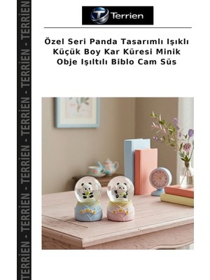 Terrien Özel Seri Panda Tasarımlı Işıklı Küçük Boy Kar Küresi Minik Obje Işıltılı Biblo Cam Süs