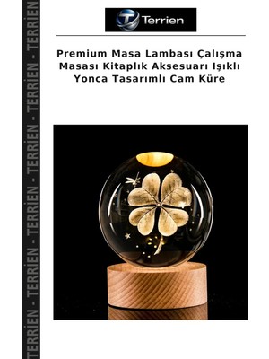 Terrien Premium Masa Lambası Çalışma Masası Kitaplık Aksesuarı Işıklı Yonca Tasarımlı Cam Küre