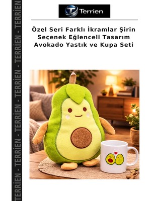 Terrien Özel Seri Farklı Ikramlar Şirin Seçenek Eğlenceli Tasarım Avokado Yastık ve Kupa Seti