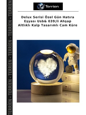 Terrien Delux Serisi Özel Gün Hatıra Eşyası Usb& 039;LI Ahşap Altlıklı Kalp Tasarımlı Cam Küre