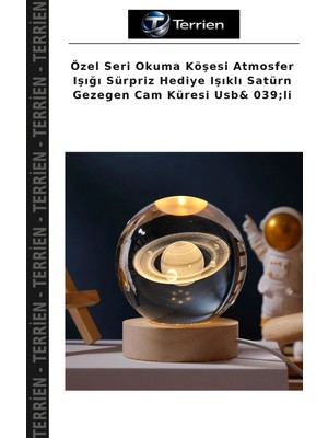 Terrien Özel Seri Okuma Köşesi Atmosfer Işığı Sürpriz Hediye Işıklı Satürn Gezegen Cam Küresi Usb& 039;LI