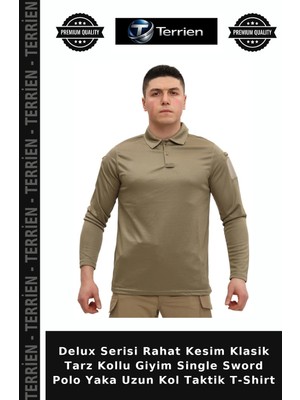 Terrien Delux Serisi Rahat Kesim Klasik Tarz Kollu Giyim Single Sword Polo Yaka Uzun Kol Taktik T-Shirt
