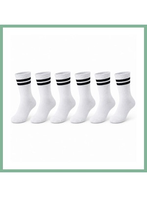 Bşk Virgo Unisex Beyaz Çorap Siyah Çizgili 6'lı Set Uzun Soket Günlük Spor Kolej Stil Rahat Kadın Erkek Çorabı BSK2026