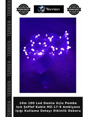 Terrien 10M 100 LED Damla Uçlu Pembe Işık Şeffaf Kablo Mz-17-9 Ambiyans Işığı Kutlama Detayı Etkinlik Dekoru
