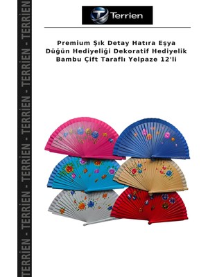 Terrien Premium Şık Detay Hatıra Eşya Düğün Hediyeliği Dekoratif Hediyelik Bambu Çift Taraflı Yelpaze 12'li