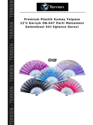 Terrien Premium Plastik Kumaş Yelpaze 12'li Karışık OB-047 Parti Malzemesi Geleneksel Stil Eğlence Gereci