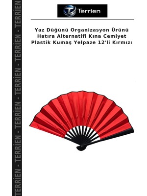 Terrien Yaz Düğünü Organizasyon Ürünü Hatıra Alternatifi Kına Cemiyet Plastik Kumaş Yelpaze 12'li Kırmızı