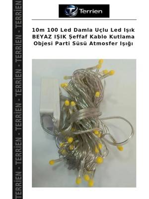 Terrien 10M 100 LED Damla Uçlu LED Işık Beyaz Işık Şeffaf Kablo Kutlama Objesi Parti Süsü Atmosfer Işığı