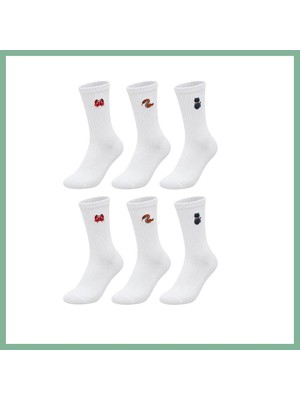 Bşk Virgo Unisex Çorap Beyaz Hayvan Nakışlı 6'lı Set Yengeç Yılan Kedi Desenli Uzun Soket Günlük Spor Çorabı BSK2026