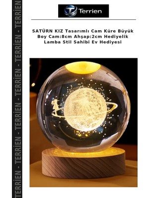 Terrien Satürn Kız Tasarımlı Cam Küre Büyük Boy Cam:8cm Ahşap:2cm Hediyelik Lamba Stil Sahibi Ev Hediyesi