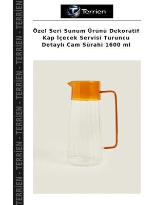 Terrien Özel Seri Sunum Ürünü Dekoratif Kap Içecek Servisi Turuncu Detaylı Cam Sürahi 1600 ml