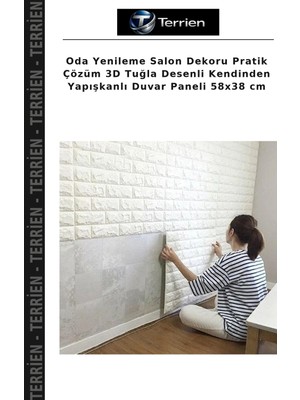 Terrien Oda Yenileme Salon Dekoru Pratik Çözüm 3D Tuğla Desenli Kendinden Yapışkanlı Duvar Paneli 58X38 cm
