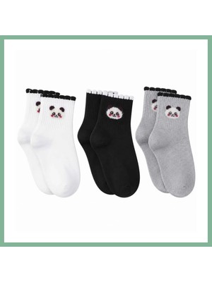 Bşk Virgo Kadın Panda Desenli Kısa Konç Çorap 3'lü Paket, %80 Pamuklu Dikişsiz Burun, Nefes Alan Yumuşak Bilek Çorabı, Siyah Beyaz Gri · Beden: 36-40 · Renk: Çok Renkli 3 Lü BSK2026