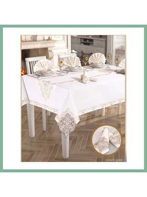 Bşk Virgo Elegant Linen Yemek Takımı Masa Seti 12 Kişilik 26 PARÇA160 × 260 cm Runner Set Krem-Gold BSK2026