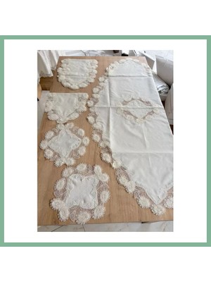 Bşk Virgo Salon Takımı Çeyizlik Krem Runner Set 5 Parça Keten Masa Örtüsü Runneri Flowers BSK2026