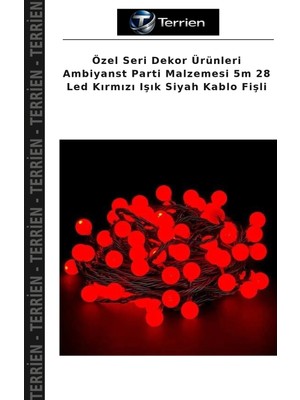 Terrien Özel Seri Dekor Ürünleri Ambiyanst Parti Malzemesi 5m 28 LED Kırmızı Işık Siyah Kablo Fişli