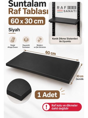 Tr 1 Adet - Suntalam Raf Tablası 60X30 cm Siyah Ahşap Raf Konik Dikme Sistemleri ile Uyumlu