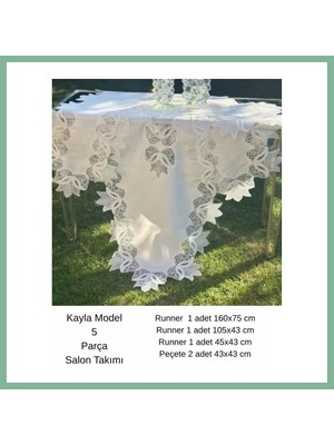 Bşk Virgo Salon Takımı 5 Parça Keten Masa Örtüsü Runner Seti Çeyizlik Kayla Model No 22252 Krem-Gümüş BSK2026