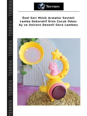 Terrien Özel Seri Minik Armatür Sevimli Lamba Dekoratif Ürün Çocuk Odası Ay ve Unicorn Desenli Gece Lambası