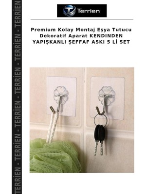Terrien Premium Kolay Montaj Eşya Tutucu Dekoratif Aparat Kendınden Yapışkanlı Şeffaf Askı 5 Li Set