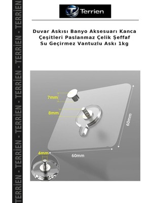 Terrien Duvar Askısı Banyo Aksesuarı Kanca Çeşitleri Paslanmaz Çelik Şeffaf Su Geçirmez Vantuzlu Askı 1kg