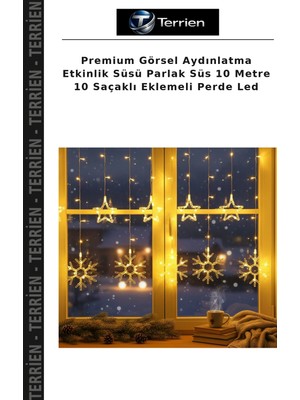 Terrien Premium Görsel Aydınlatma Etkinlik Süsü Parlak Süs 10 Metre 10 Saçaklı Eklemeli Perde LED