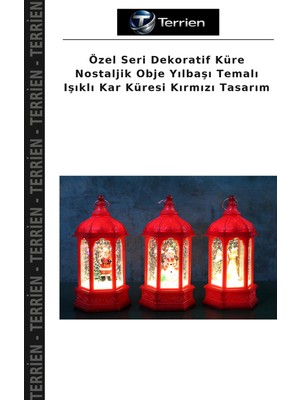 Terrien Özel Seri Dekoratif Küre Nostaljik Obje Yılbaşı Temalı Işıklı Kar Küresi Kırmızı Tasarım
