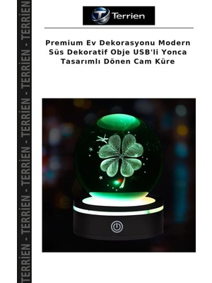 Terrien Premium Ev Dekorasyonu Modern Süs Dekoratif Obje Usb'li Yonca Tasarımlı Dönen Cam Küre
