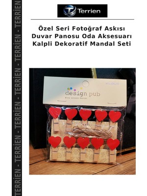 Terrien Özel Seri Fotoğraf Askısı Duvar Panosu Oda Aksesuarı Kalpli Dekoratif Mandal Seti