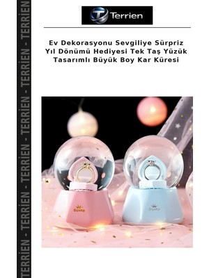 Terrien Ev Dekorasyonu Sevgiliye Sürpriz Yıl Dönümü Hediyesi Tek Taş Yüzük Tasarımlı Büyük Boy Kar Küresi