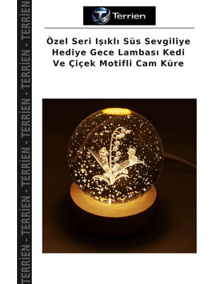 Terrien Özel Seri Işıklı Süs Sevgiliye Hediye Gece Lambası Kedi ve Çiçek Motifli Cam Küre