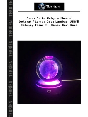 Terrien Delux Serisi Çalışma Masası Dekoratif Lamba Gece Lambası Usb'li Dolunay Tasarımlı Dönen Cam Küre