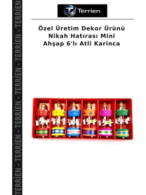 Terrien Özel Üretim Dekor Ürünü Nikah Hatırası Mini Ahşap 6'lı Atli Karinca