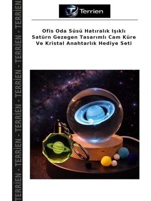 Terrien Ofis Oda Süsü Hatıralık Işıklı Satürn Gezegen Tasarımlı Cam Küre ve Kristal Anahtarlık Hediye Seti
