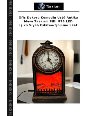 Terrien Ofis Dekoru Komodin Üstü Antika Masa Tasarım Pilli USB LED Işıklı Siyah Eskitme Şömine Saat