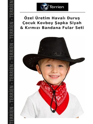 Terrien Özel Üretim Havalı Duruş Çocuk Kovboy Şapka Siyah & Kırmızı Bandana Fular Seti