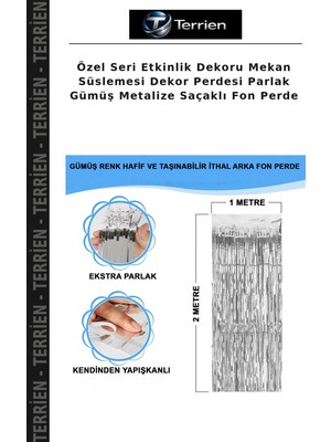 Terrien Özel Seri Etkinlik Dekoru Mekan Süslemesi Dekor Perdesi Parlak Gümüş Metalize Saçaklı Fon Perde