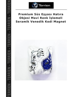 Terrien Premium Süs Eşyası Hatıra Objesi Mavi Renk Işlemeli Seramik Venedik Kedi Magnet
