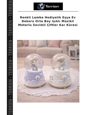 Terrien Renkli Lamba Hediyelik Eşya Ev Dekoru Orta Boy Işıklı Müzikli Motorlu Sevimli Çiftler Kar Küresi