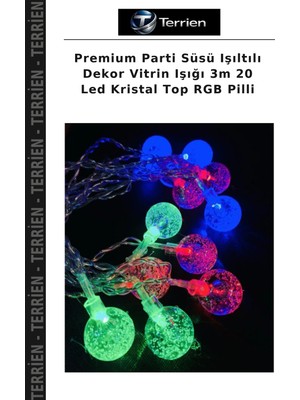 Terrien Premium Parti Süsü Işıltılı Dekor Vitrin Işığı 3m 20 LED Kristal Top Rgb Pilli