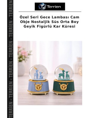 Terrien Özel Seri Gece Lambası Cam Obje Nostaljik Süs Orta Boy Geyik Figürlü Kar Küresi