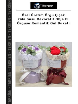 Terrien Özel Üretim Örgü Çiçek Oda Süsü Dekoratif Obje El Örgüsü Romantik Gül Buketi