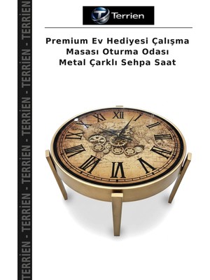 Terrien Premium Ev Hediyesi Çalışma Masası Oturma Odası Metal Çarklı Sehpa Saat