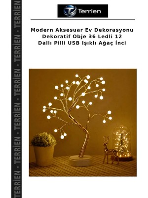 Terrien Modern Aksesuar Ev Dekorasyonu Dekoratif Obje 36 Ledli 12 Dallı Pilli USB Işıklı Ağaç Inci