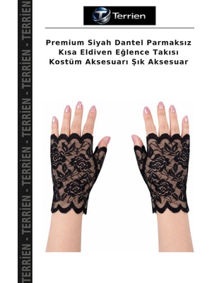 Terrien Premium Siyah Dantel Parmaksız Kısa Eldiven Eğlence Takısı Kostüm Aksesuarı Şık Aksesuar