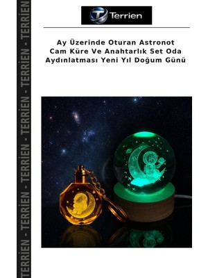 Terrien Ay Üzerinde Oturan Astronot Cam Küre ve Anahtarlık Set Oda Aydınlatması Yeni Yıl Doğum Günü