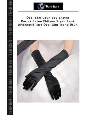 Terrien Özel Seri Uzun Boy Ekstra Parlak Saten Eldiven Siyah Renk Alternatif Tarz Özel Gün Trend Ürün