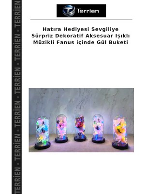 Terrien Hatıra Hediyesi Sevgiliye Sürpriz Dekoratif Aksesuar Işıklı Müzikli Fanus Içinde Gül Buketi