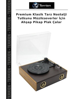 Terrien Premium Klasik Tarz Nostalji Tutkunu Müzikseverler Için Ahşap Pikap Plak Çalar